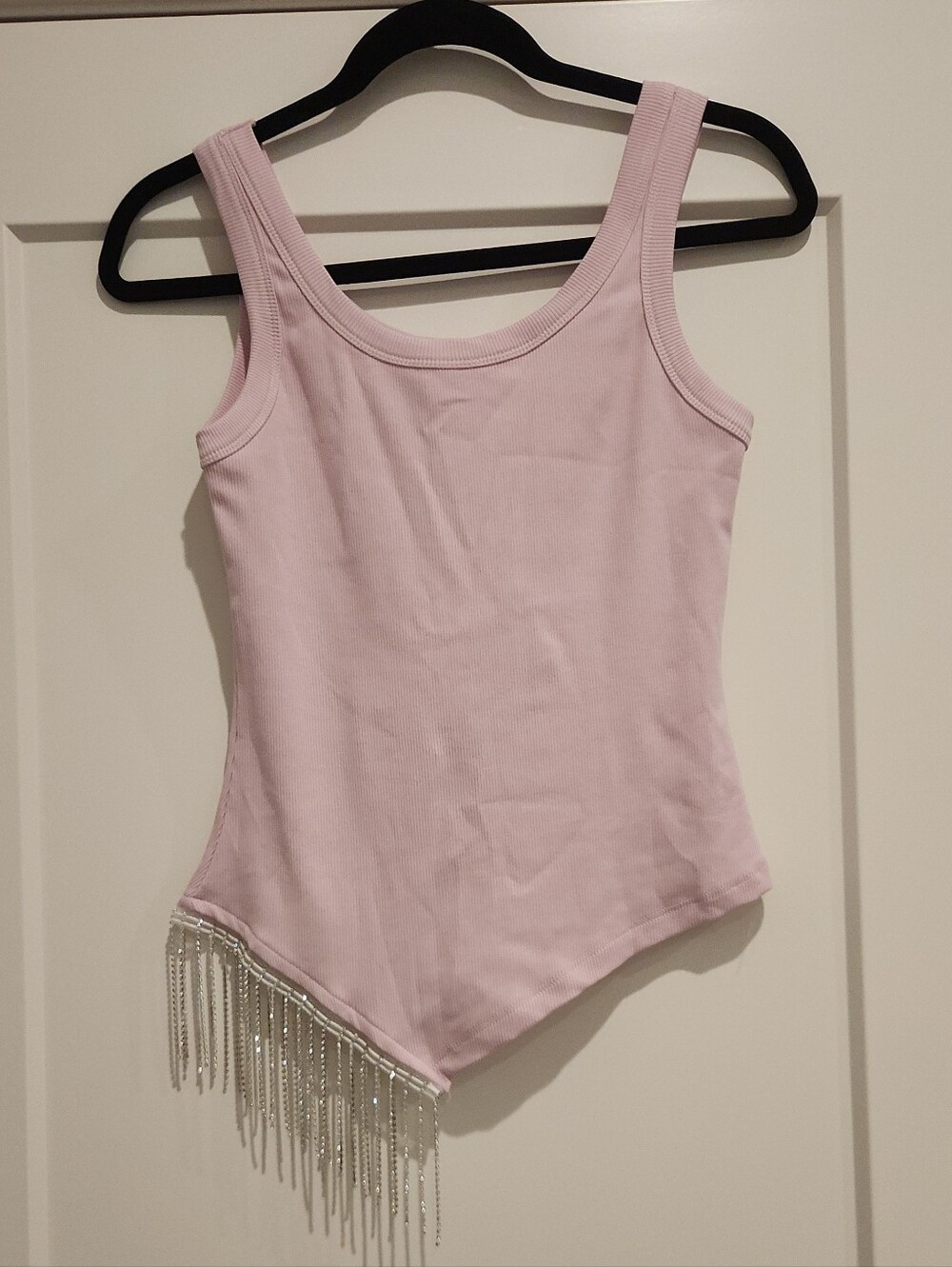 LUMINA Light Pink Ribbed Tank with Rhinestone Fringe